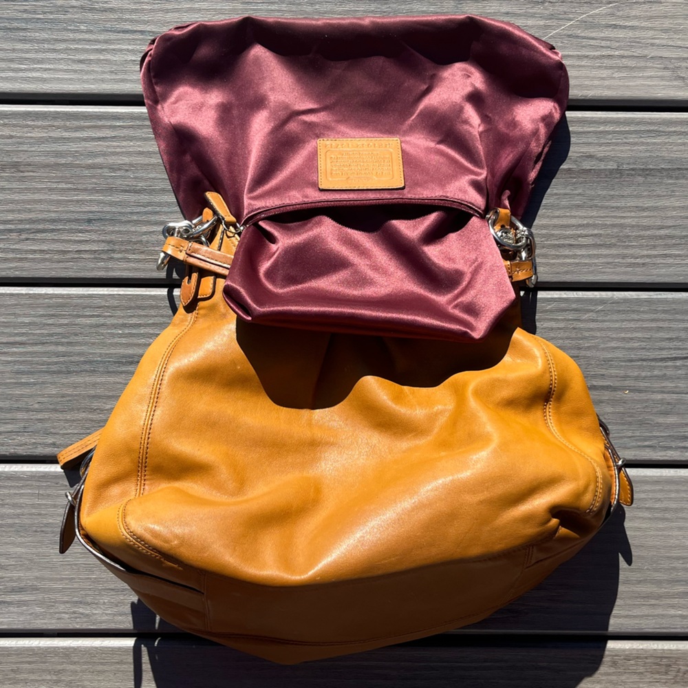 Coach; Golden Brown Leather Hobo Bag; 3 Section; Burgundy Interior; Duel Handles - Picture 12 of 16